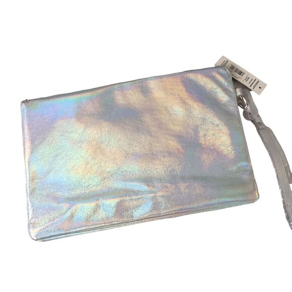 NoBo Silver Envelope Clutch Bag Wrist Strap Double Gusset Flap Party Purse - Picture 2 of 4